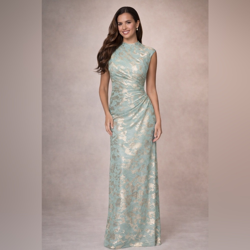 Betsy & Adam SZ 8 Seafoam Green Gold Chiffon Gown Formal Evening Dress GALA MOB